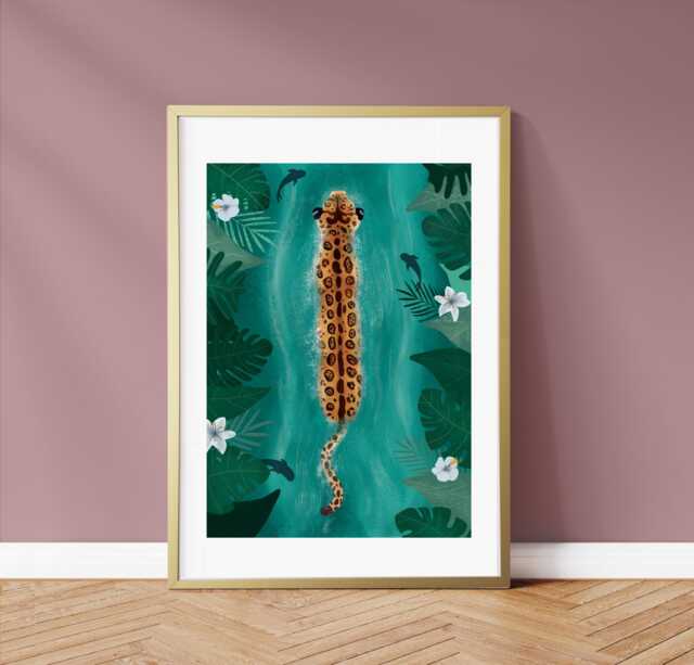 Jaguar Wall Art - Illustrated Print Decor Tropical in River - image 1