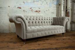 3 Seater Cream/Beige Velvet Chesterfield Sofa, British Handmade