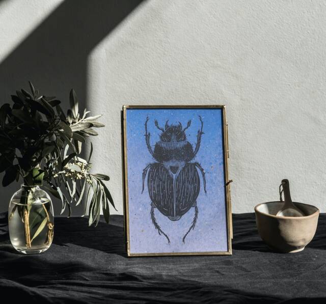 Beetle Linocut Print, Local Handmade Recycled Vegetable Craft Paper - image 1