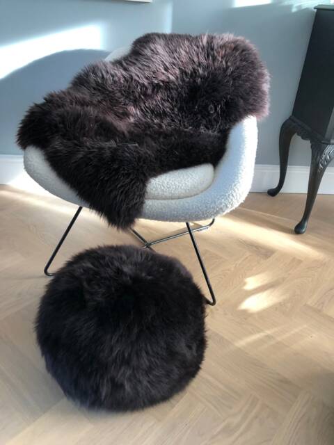 Dark Brown Sheepskin Pouffe, Dark Chocolate Footstool, Genuine Sheepskin, Furry Footstool - image 1
