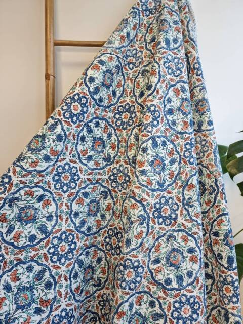 Kantha Stitch Pure Cotton Reversible Bed/Sofa Throw King Size - Handmade Handprinted Floral Dohar White Blue Rust Pottery Mandala Geometric - image 1