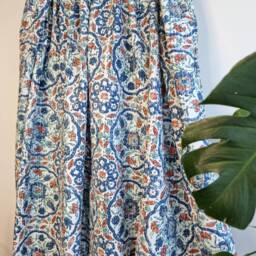 Kantha Stitch Pure Cotton Reversible Bed/Sofa Throw King Size - Handmade Handprinted Floral Dohar White Blue Rust Pottery Mandala Geometric - thumbnail 2