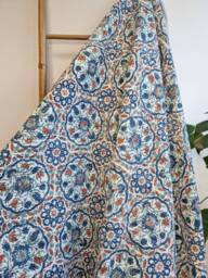 Kantha Stitch Pure Cotton Reversible Bed/Sofa Throw King Size - Handmade Handprinted Floral Dohar White Blue Rust Pottery Mandala Geometric - thumbnail 1