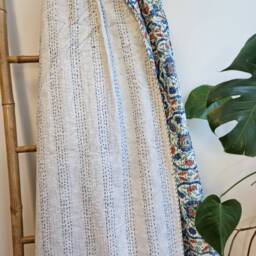 Kantha Stitch Pure Cotton Reversible Bed/Sofa Throw King Size - Handmade Handprinted Floral Dohar White Blue Rust Pottery Mandala Geometric - thumbnail 4