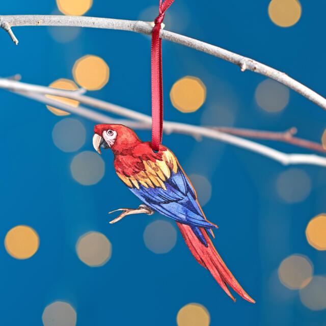 Macaw Parrot Christmas Tree Decoration, Birch Plywood Ornament, Animal Lover Gift, Festive Watercolour Art, Traditional Keepsake - image 1