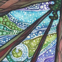 Beneath Magic, Sequoia Redwood Watercolor Painting Print Forest Sky Aurora Borealis - thumbnail 3