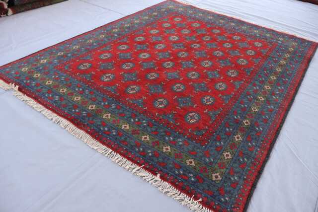 5x7 Bokhara Rug, Afghan Hand Knotted Wool Blue Green Red, Turkmen Tribal Oriental Area Traditional Kitchen, Bedroom Rug - image 1