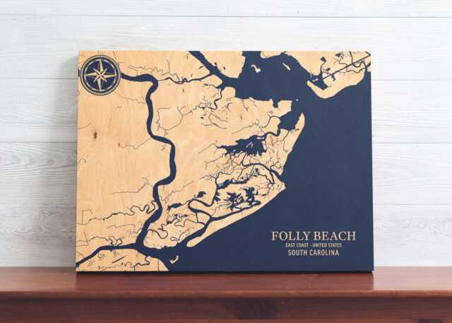 Folly Beach, South Carolina Map - Engraved Wood Coastal Chart Wall Art Sign, Beach Home Decor Nautical Print, Unique Personalized Gift - image 1
