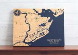 Folly Beach, South Carolina Map - Engraved Wood Coastal Chart Wall Art Sign, Beach Home Decor Nautical Print, Unique Personalized Gift - thumbnail 1