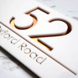 K Smart Sign - Laser Cut Matt White & Copper Mirror Personalised Door Numbers House Plaques Number 3D 30cm X 16cm - thumbnail 3