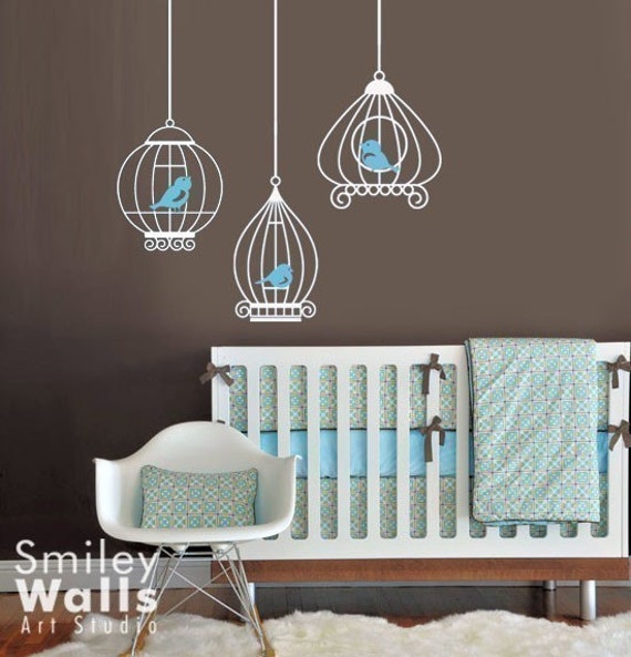 Birdcages Nursery Wall Decals, Birds & Decal -Gift Birds -Baby Room Sticker Decal Kids Decor Art Wall - image 1
