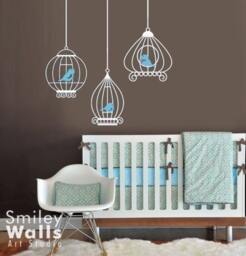 Birdcages Nursery Wall Decals, Birds & Decal -Gift Birds -Baby Room Sticker Decal Kids Decor Art Wall - thumbnail 1