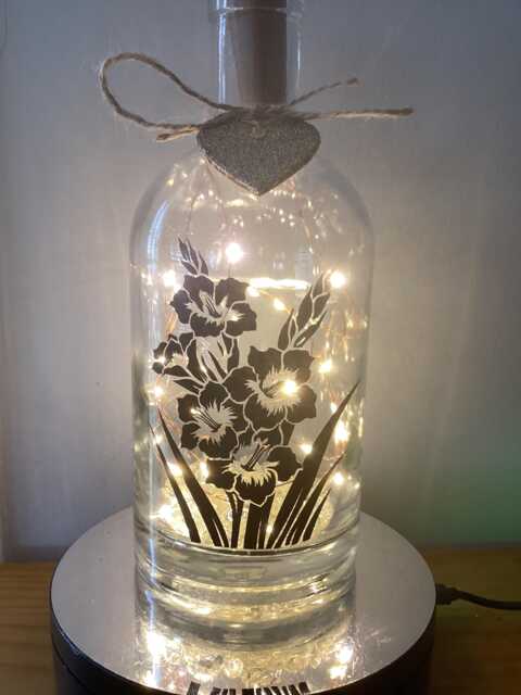 Personalised Gladiolus Birth Flower, August Light Up Bottle, Bottle Lamp With Gift Messaging Service & Bag