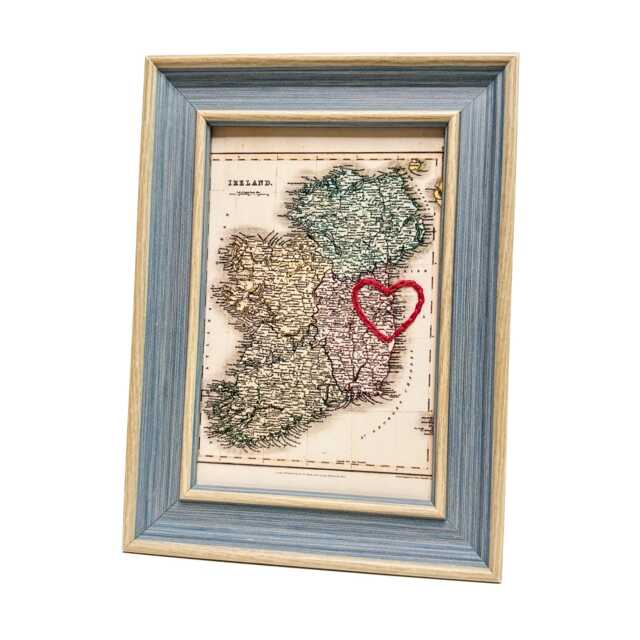 Dublin Heart Map - Custom Gift Ireland Anniversary Framed Wedding Vintage Print Of W Hand-Embroidered - image 1