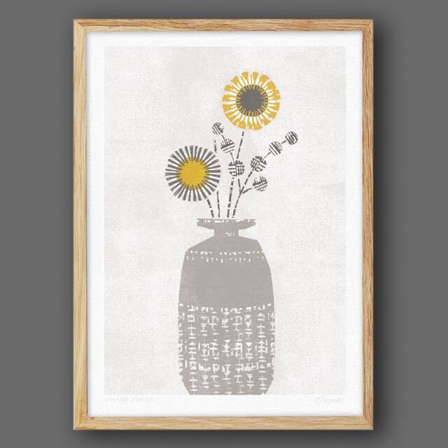 Vintage Vase No1, Mid Century Flower Print, Botanical Art, Scandinavian Style, Mustard Yellow & Grey Of Flowers, A4 A3, Unframed - image 1