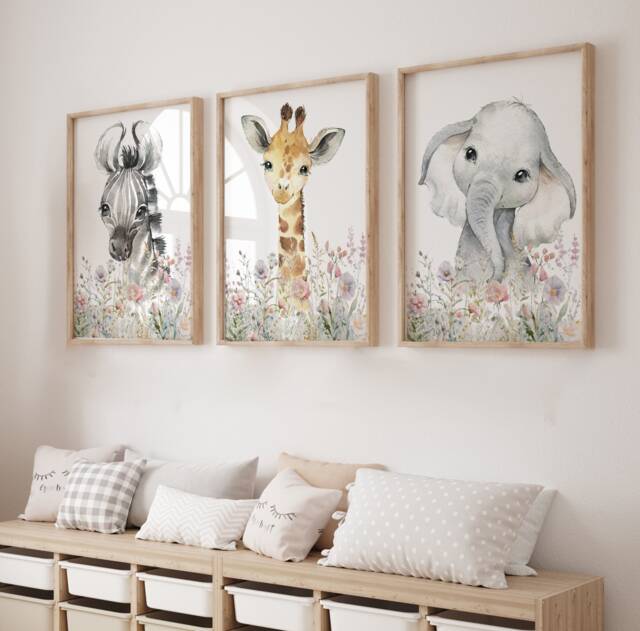 Floral Safari Animal Prints, Nursery Decor, Nursery Prints, Girls, Baby, Bedroom, Jungle, Woodland Animals, Pink, Wall Decor, Safari Decor, Flowers - image 1