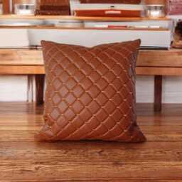 Embroidered Cognac Faux Leather Pillow Cover Diagonal Design - thumbnail 1