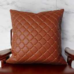 Embroidered Cognac Faux Leather Pillow Cover Diagonal Design - thumbnail 3