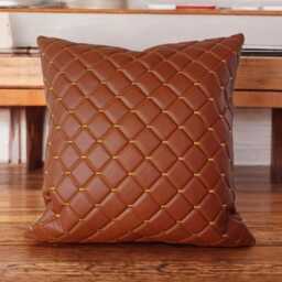 Embroidered Cognac Faux Leather Pillow Cover Diagonal Design - thumbnail 2