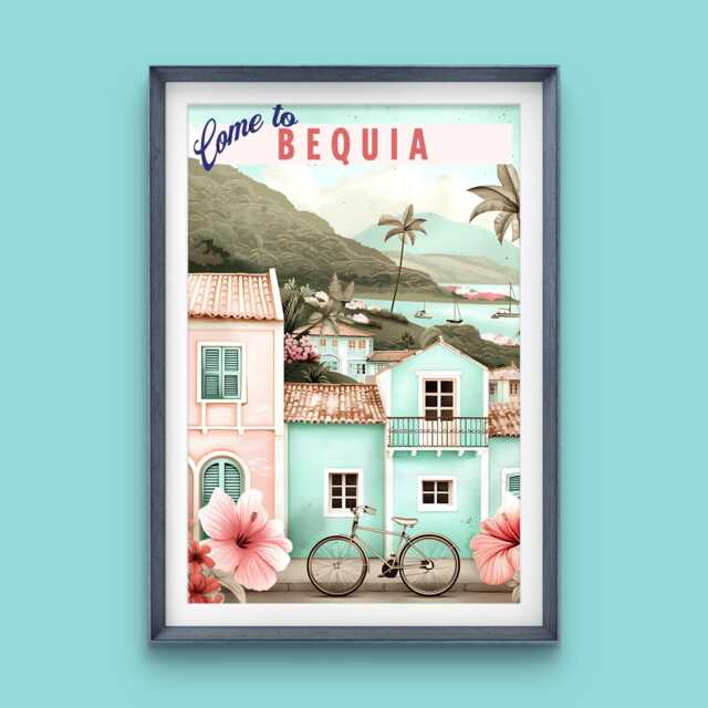 Bequia Travel Poster Print Grenadines Caribbean Art in Pastel Pink & Blue Colors With Bicycle Hibiscus Artwork - image 1