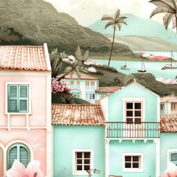Bequia Travel Poster Print Grenadines Caribbean Art in Pastel Pink & Blue Colors With Bicycle Hibiscus Artwork - thumbnail 2