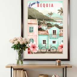 Bequia Travel Poster Print Grenadines Caribbean Art in Pastel Pink & Blue Colors With Bicycle Hibiscus Artwork - thumbnail 3