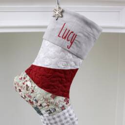 Personalized Quilted Christmas Stocking Gray Patchwork Design, Farmhouse Decor - thumbnail 3