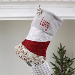 Personalized Quilted Christmas Stocking Gray Patchwork Design, Farmhouse Decor - thumbnail 2