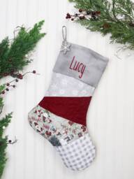 Personalized Quilted Christmas Stocking Gray Patchwork Design, Farmhouse Decor