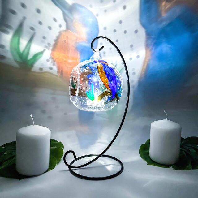 Kingfisher Hand Painted Glass Candle Holder, Bird -Decor, Fisherman Gift - image 1
