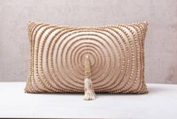 Light Peach Embroidered Lumbar Pillow Cover, Boho Cushion Cover With Beads & Tassels, Handmade Cotton