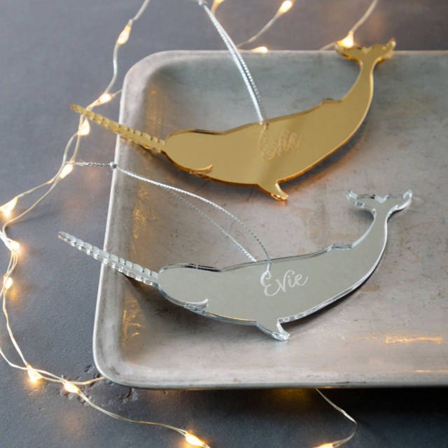Personalised Mirrored Narwhal Christmas Decoration - image 1
