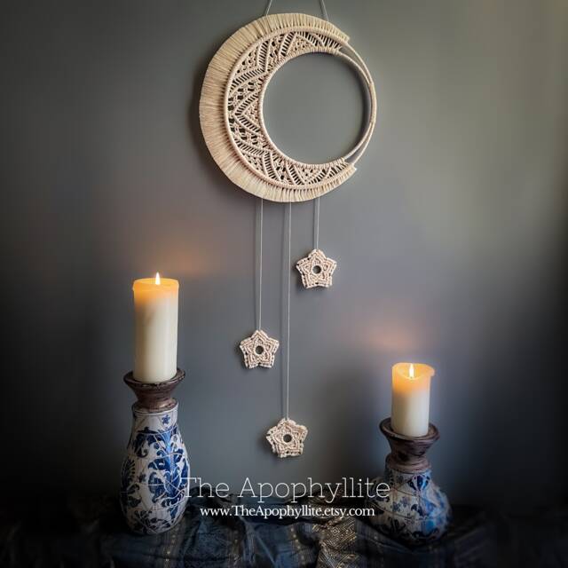 Macrame Moon & Stars Wall Hanging. Handmade Bedroom, Nursery Or Mystic Decor - image 1