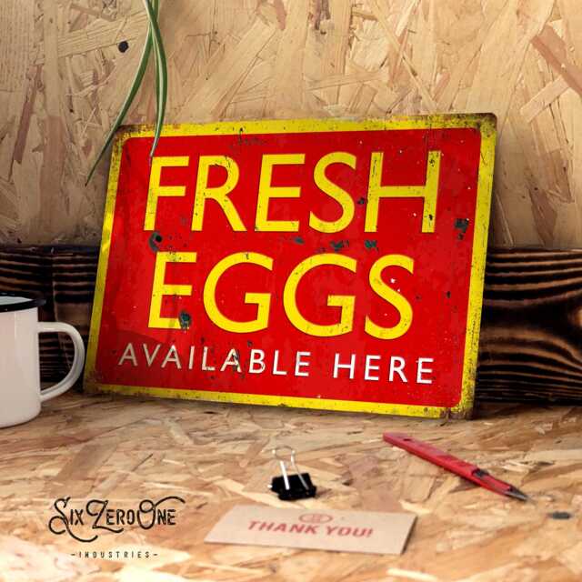 Fresh Eggs Metal Sign. Worn Rustic Look Print. Available Here Chicken Coop Hen Rescue Outdoor Free Range Run - image 1