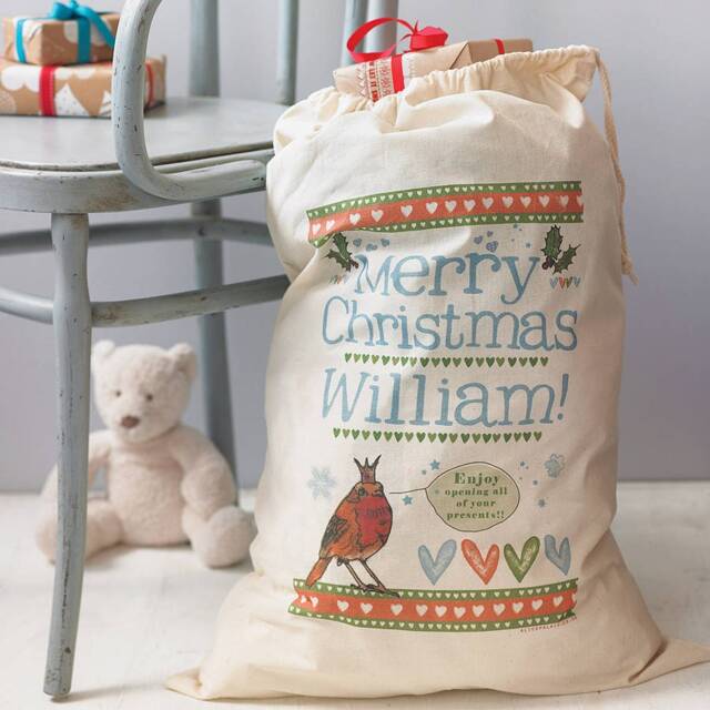 Personalised Christmas Gift Sack, Christmas Stocking, Holiday Decor, Stockings, Robin - image 1