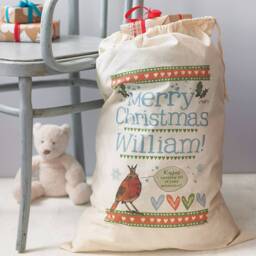 Personalised Christmas Gift Sack, Christmas Stocking, Holiday Decor, Stockings, Robin - thumbnail 1