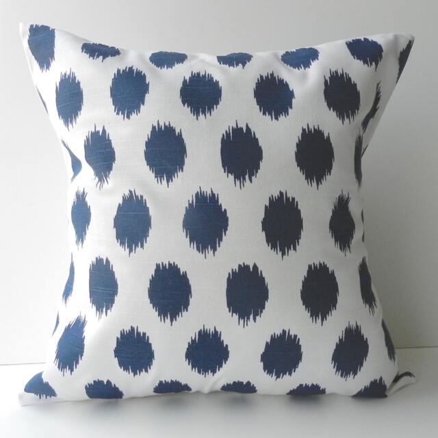 New 18x18 Inch Designer Handmade Pillow Cases in Navy Blue Ikat Dot