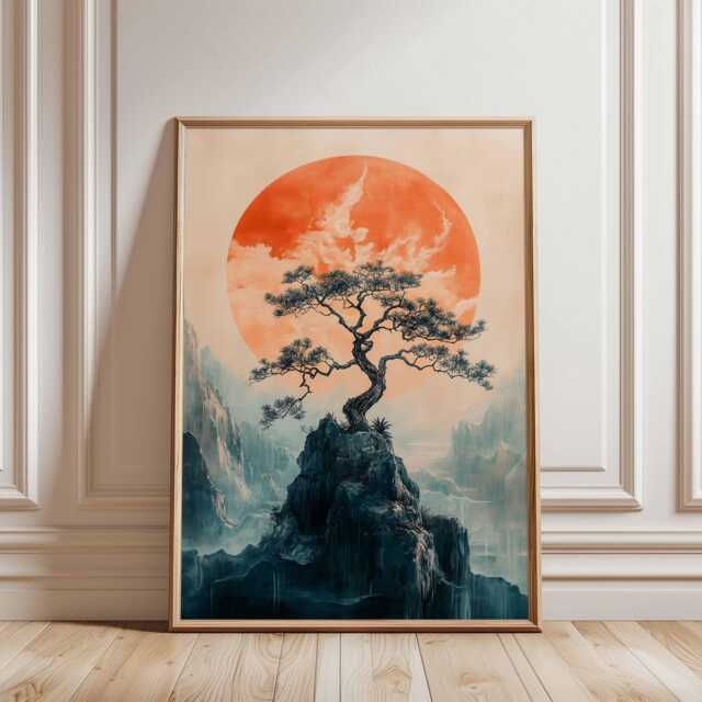 Japanese Sun Tree Poster, Minimalist Oriental Landscape Wall Art, Zen Mountain Print - image 1