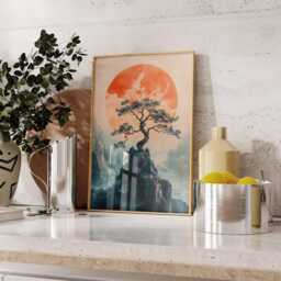 Japanese Sun Tree Poster, Minimalist Oriental Landscape Wall Art, Zen Mountain Print - thumbnail 3