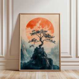 Japanese Sun Tree Poster, Minimalist Oriental Landscape Wall Art, Zen Mountain Print - thumbnail 1
