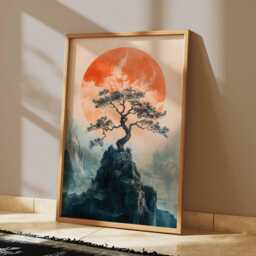 Japanese Sun Tree Poster, Minimalist Oriental Landscape Wall Art, Zen Mountain Print - thumbnail 2