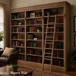 Solid Wood 8Ft Library Bookcase With Ladder, Triple Heavy Duty Shelving Unit - thumbnail 4