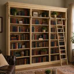 Solid Wood 8Ft Library Bookcase With Ladder, Triple Heavy Duty Shelving Unit - thumbnail 3