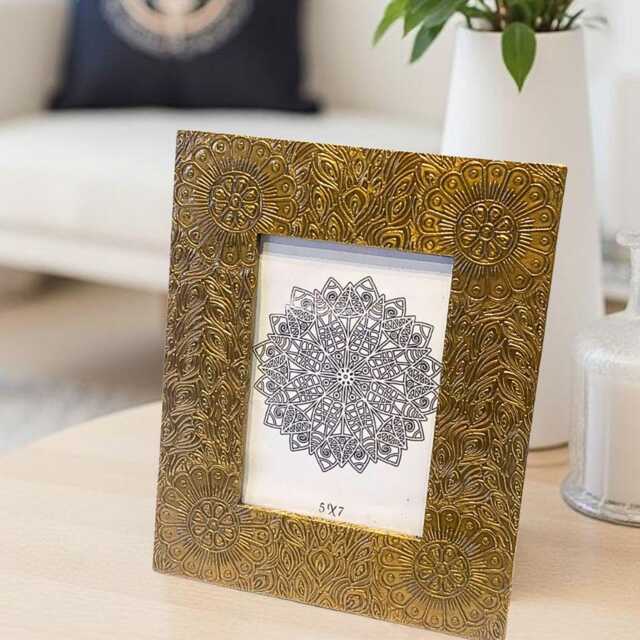 Hand Embossed Brass Gold Picture Frame Mango Wood Filigree, 7x5 Photo Display - image 1