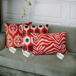 Silk Velvet Ikat Pillow Cover - Coral Antracite Covers - thumbnail 3