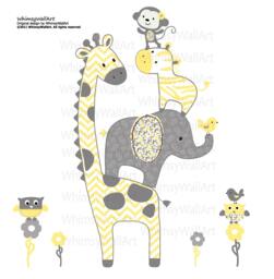 Grey & Yellow Chevron Flower Patternstacked Jungle Animals Decals - Vinyl Wall Art Decal Stickers