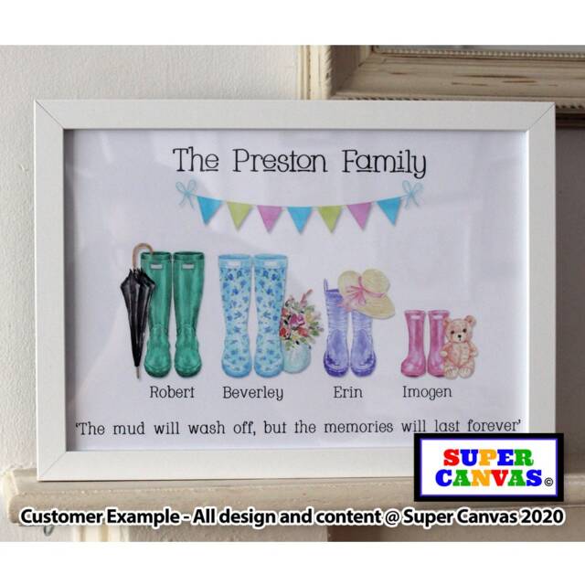 Family Wellie Boot Personalised Handmade Framed A4 Picture Print Mum Dad Grandparent Wife Daughter Sister Birthday Fathers Day Gift - image 1