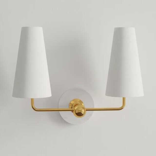 Brass Double Arm Wall Sconce Mid-Century Modern Fabric Shade Light - image 1
