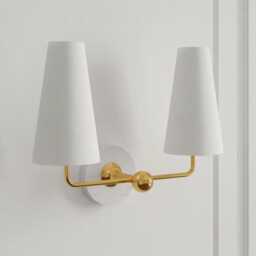 Brass Double Arm Wall Sconce Mid-Century Modern Fabric Shade Light - thumbnail 3