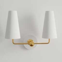 Brass Double Arm Wall Sconce Mid-Century Modern Fabric Shade Light